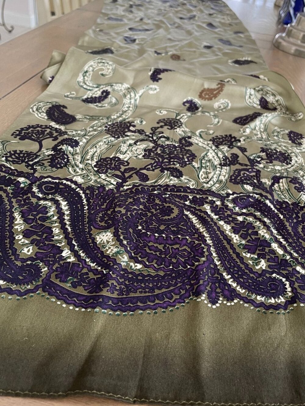 Scarf Paisley Print Olive, Purple, White - Silk